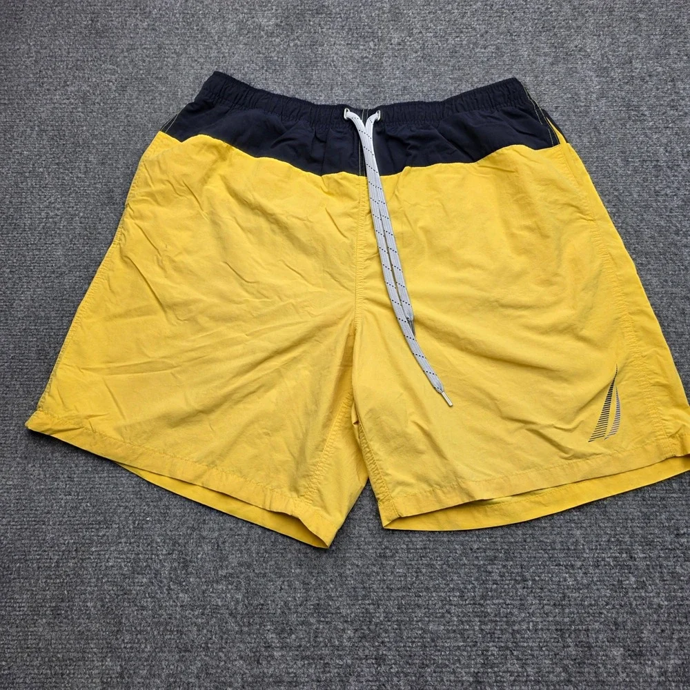 Nautica Swim Trunks‎ Men Large Yellow Blue Board Shorts Nylon Mesh Lined Color